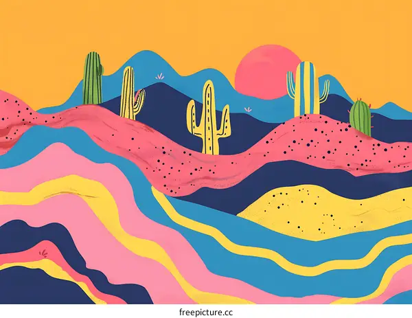 Colorful Desert Landscape with Cacti and Sunset