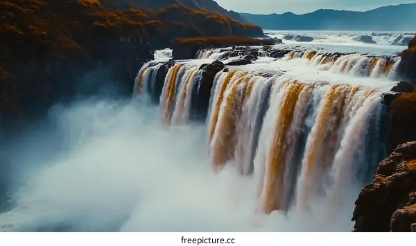 Majestic Waterfall Cascading Over Rocky Cliffs