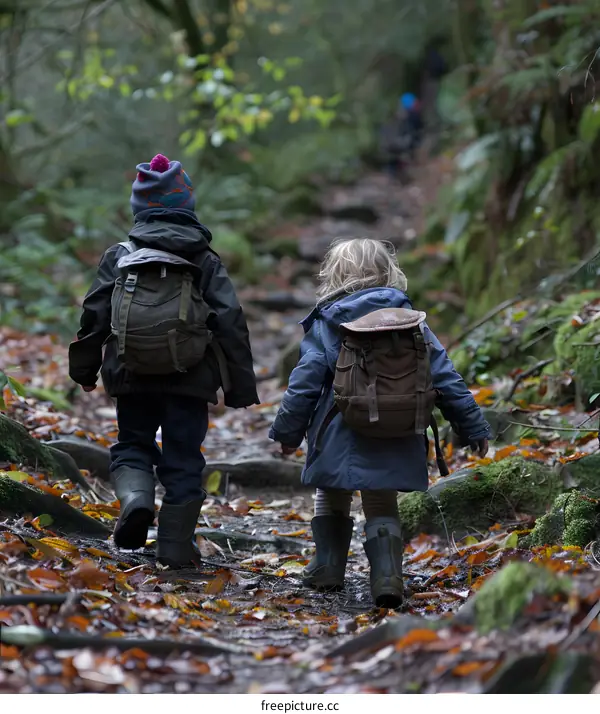 Two Children Hiking Through Autumn Woods