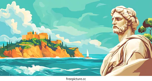 Mediterranean Island with Statue of a Man