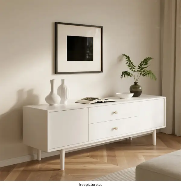 Modern White Sideboard with Decorative Items in Living Room