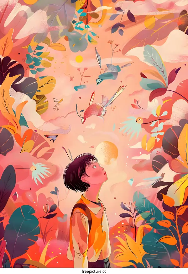 Girl Looking Up at Birds in a Dreamy Forest Illustration