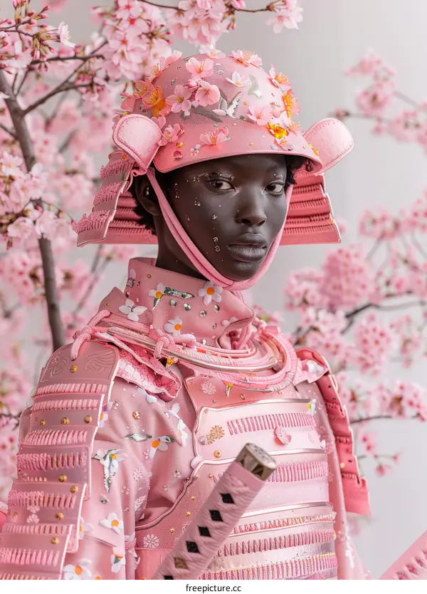 Black model in pink samurai armor with cherry blossoms