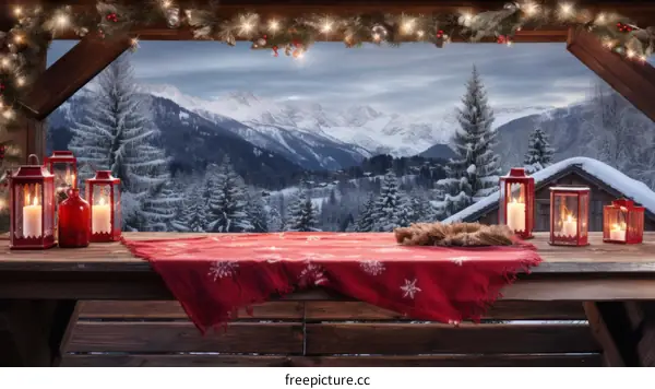 Snowy mountain cabin with a view of the snow-covered valley below