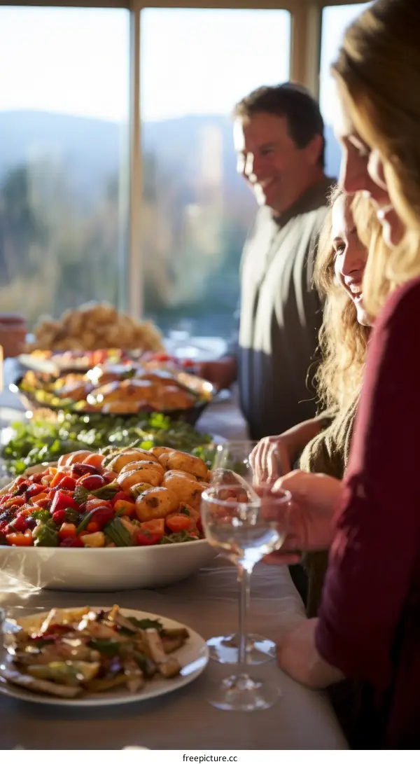 Family and friends gathered around a table full of food