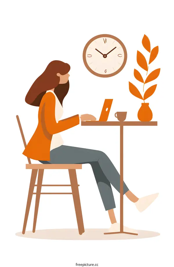 Woman Working on Laptop at a Desk with Clock and Plant