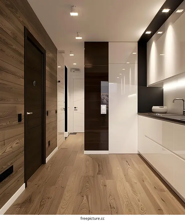 Modern Kitchen and Hallway Interior Design With Wooden Flooring