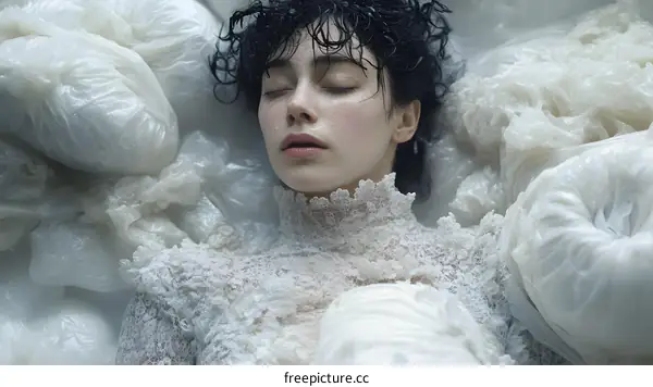 Woman in White Dress Surrounded by Plastic Bags