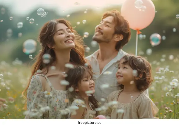 Happy family of four in a field of flowers surrounded by bubbles