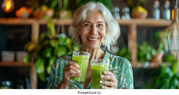 A smiling elderly woman holding two glasses of green smoothie