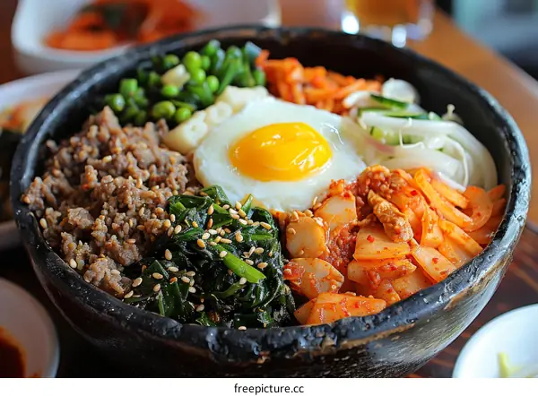 Korean Bibimbap Mixed Rice with Meat, Vegetables and Egg