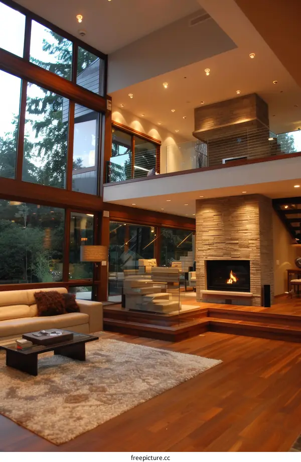 Modern House Interior Living Room with Fireplace and Large Windows