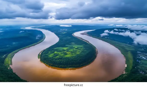 Aerial View of a Winding River with Lush Landscapes