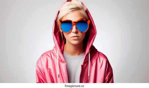 A young woman wearing a pink hoodie and sunglasses