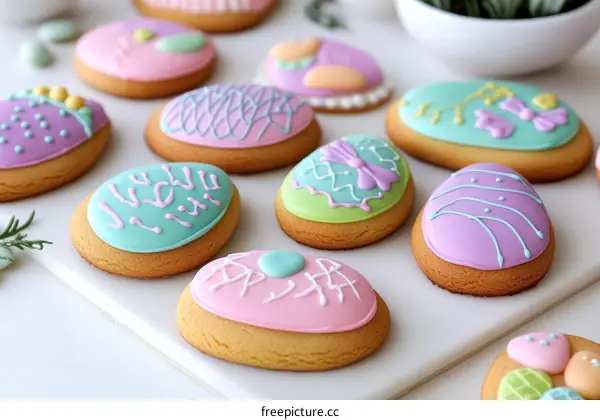 Colorful Easter Egg Shaped Cookies Decorated with Icing