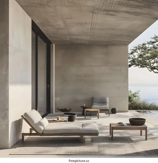Modern Minimalist Outdoor Patio with Lounge Chair and  Sea View