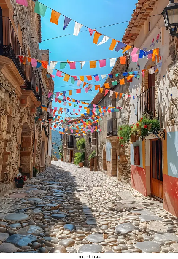 Colorful flags over cobblestone street
