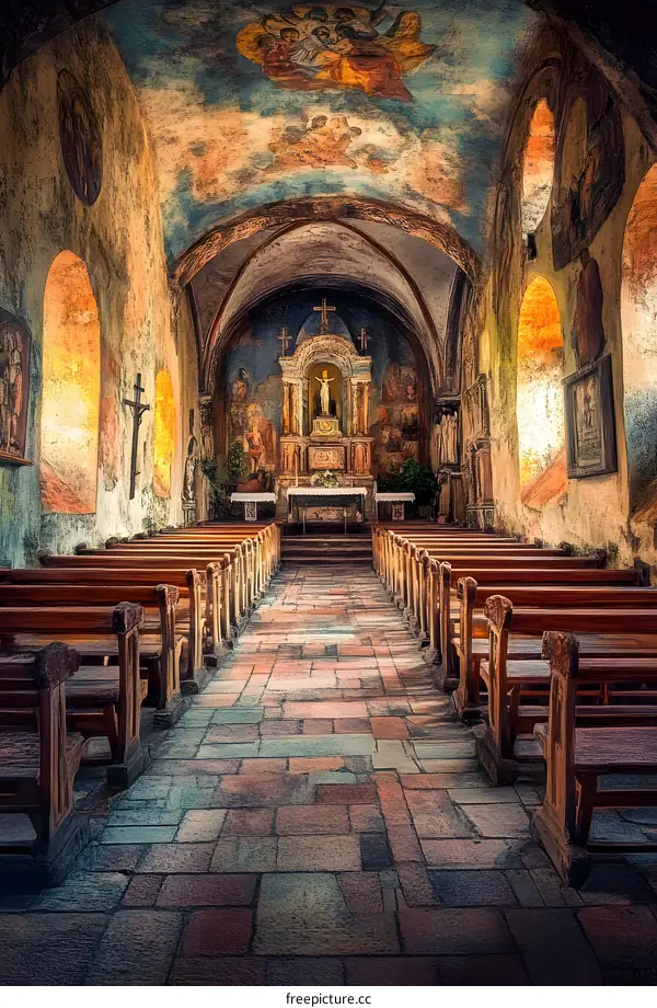 Inside of an Old Church with Pews