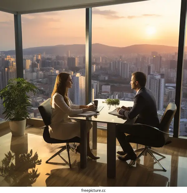 Business people meeting in modern office with cityscape view from the window