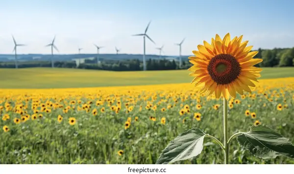 Sunflower field with wind turbines in the background