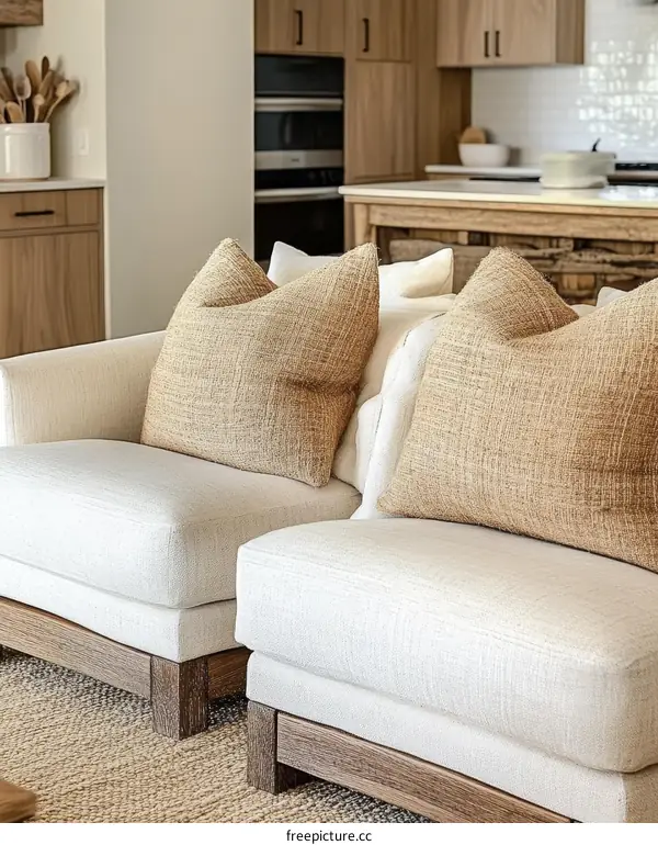 Modern Wooden Armchairs with Beige Cushions in a Living Room