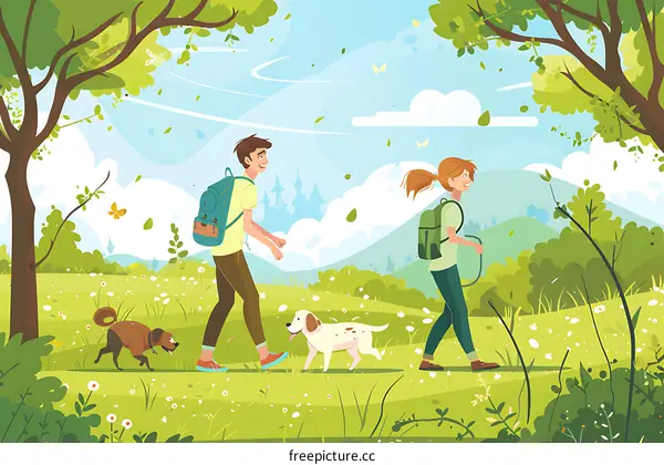 Couple Walking In Nature With Dogs