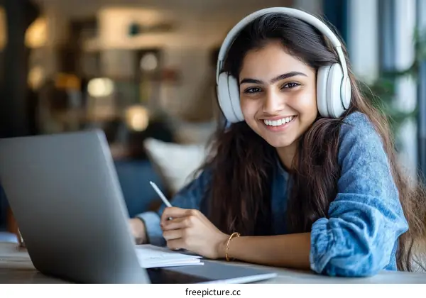 Young Woman Studying with Headphones