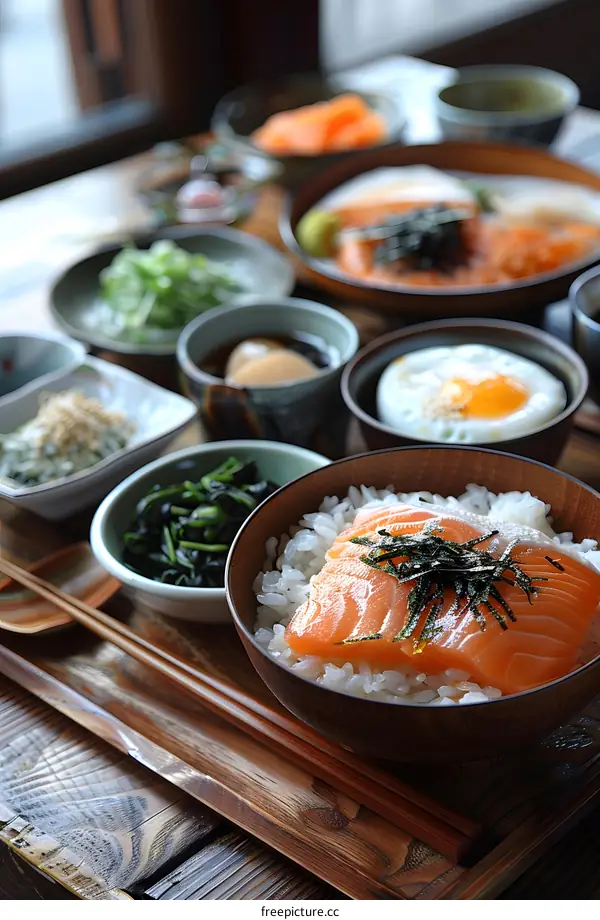 Japanese Food Salmon Rice Bowl With Side Dishes