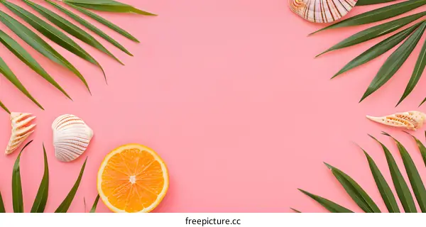 Summer Tropical Palm Leaves Orange Slice Seashells Pink Background