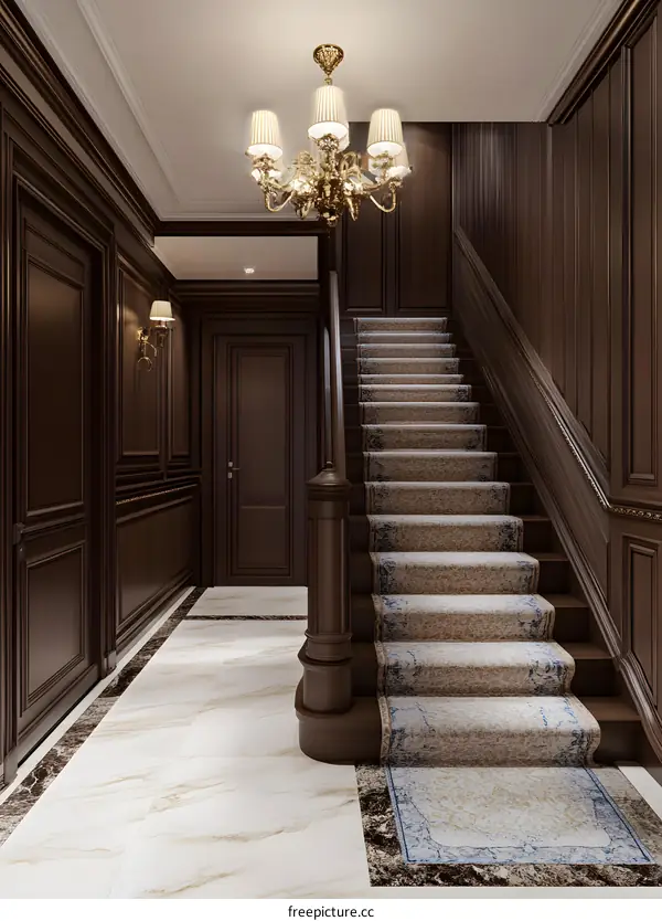 Modern Interior Design with Wooden Staircase and Chandelier