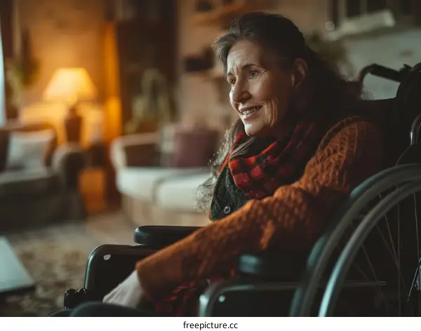Smiling elderly woman in a wheelchair
