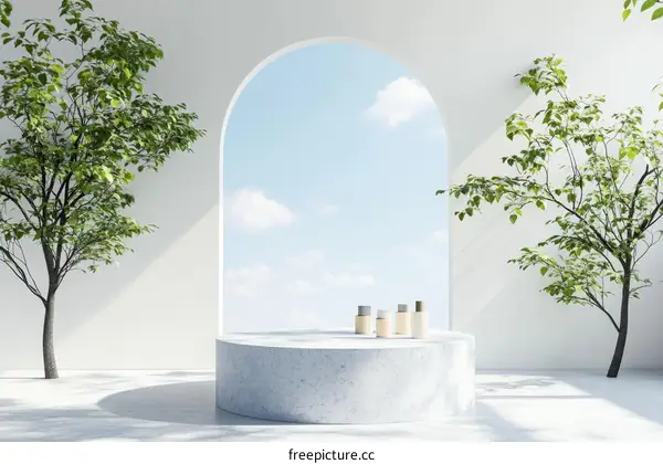 Minimalist Modern Scene with Trees and Product Display
