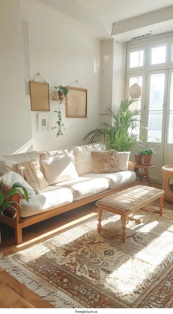 Bright and Neutral Living Room with White Sofa and Plants