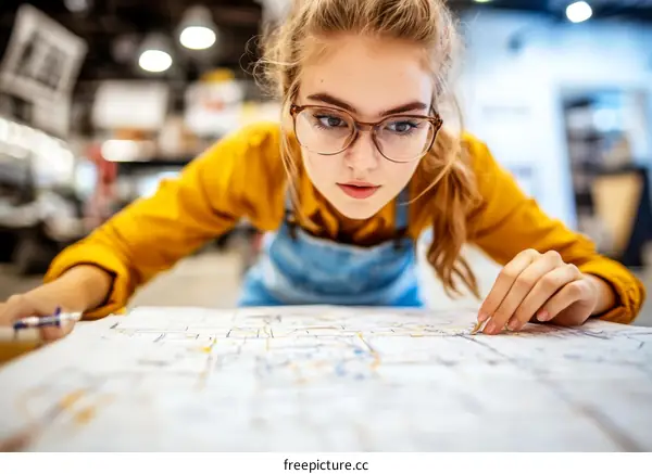 Focused Young Woman Studying Architectural Plans