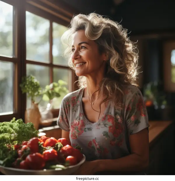 portrait of a happy woman holding a bowl of tomatoes in a rustic kitchen