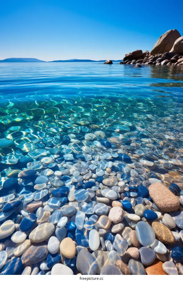 Crystal clear water with smooth polished pebbles and rocks on the beach