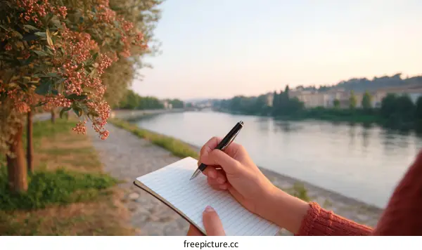 Woman Writing in a Notebook by the River