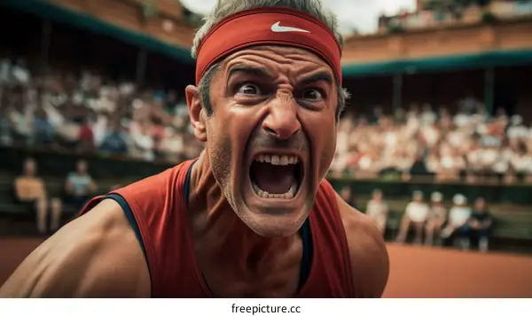 Male tennis player screaming during a match
