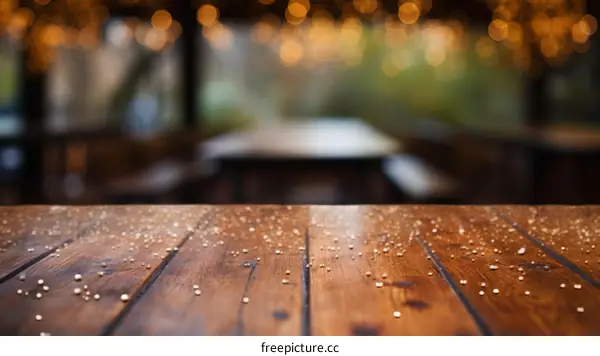An empty wooden table with a blurred background of a restaurant