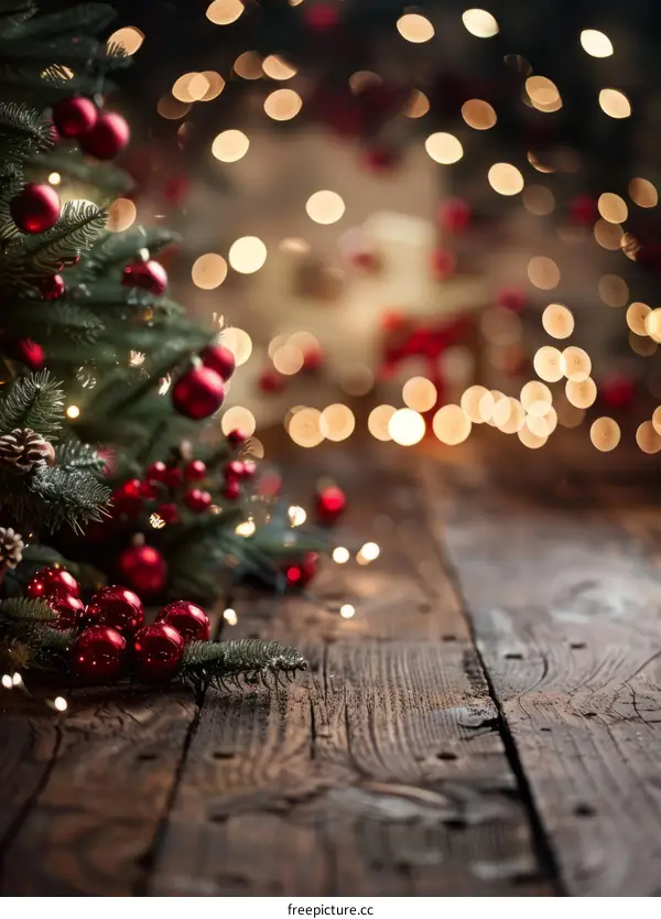 Rustic Christmas background with a beautifully decorated Christmas tree and twinkling lights