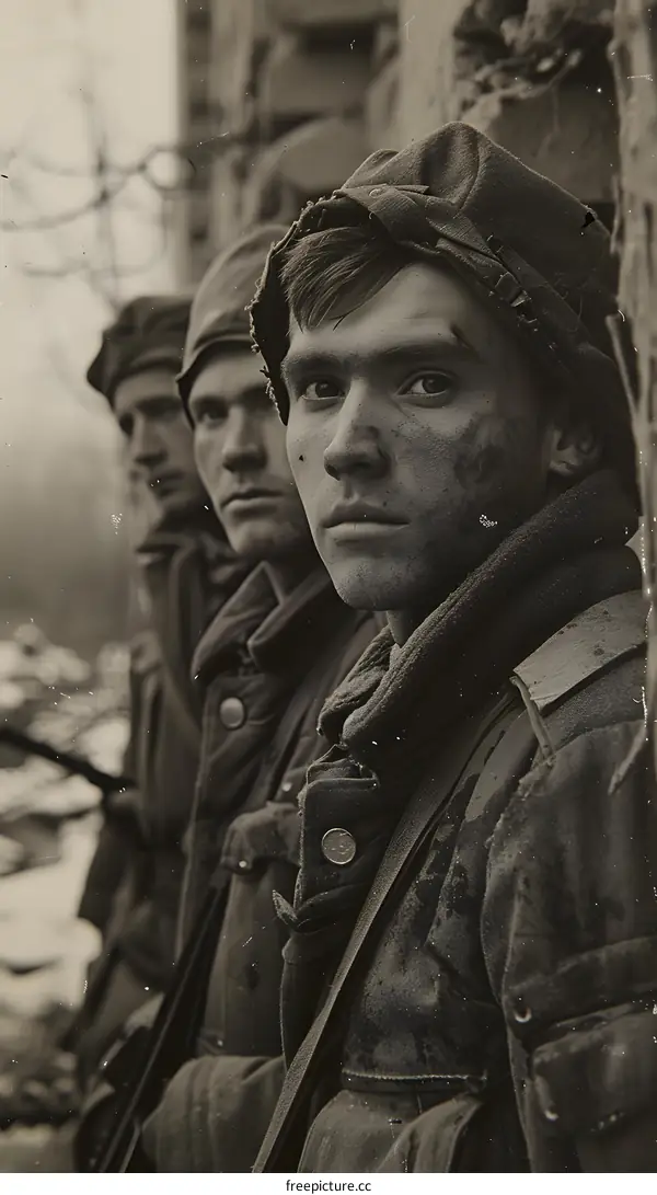 Three soldiers in a trench during world war two