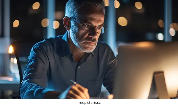 Focused Man Working Late at Night on Computer