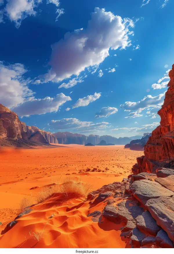 Vast Orange Sand Dunes Under Blue Skies in Wadi Rum