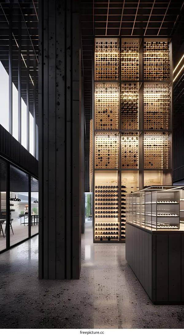 Modern Wine Cellar Design With Black Concrete Floor and Glass Walls
