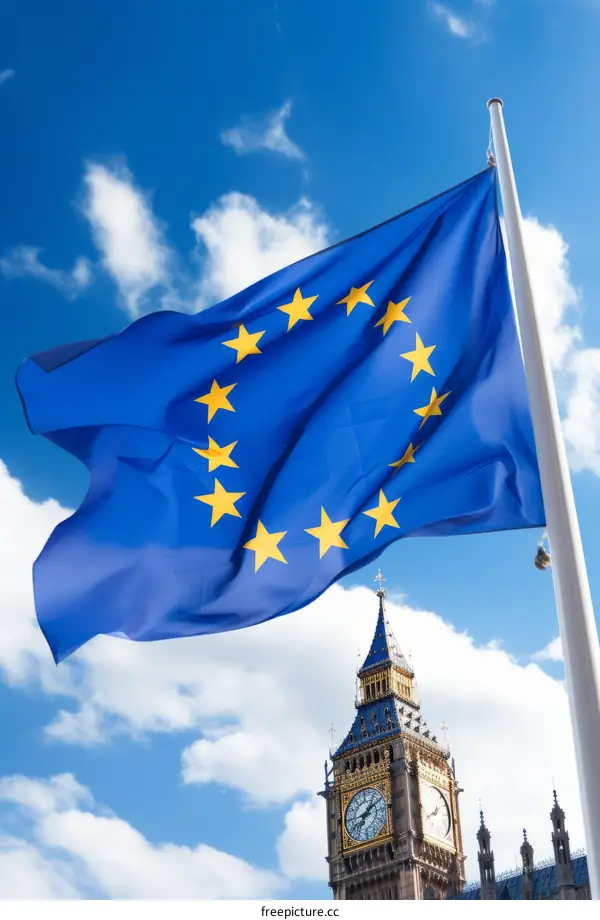 Blue and gold EU flag waving in front of Big Ben in London