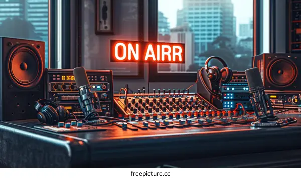 Radio station control room with On Air sign, microphones, headphones and sound mixer
