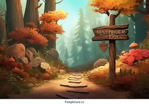 Mystical forest path with a wooden signpost