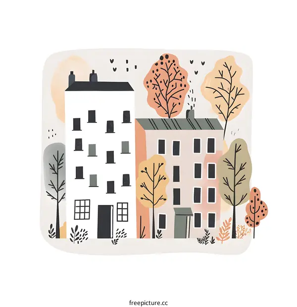 Hand Drawn Illustration of Buildings and Trees in Fall