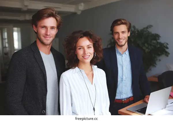 Group of young professionals smiling in modern office setting