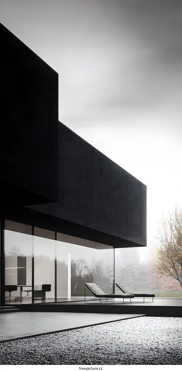 Minimalist Black House with Large Windows and Pool
